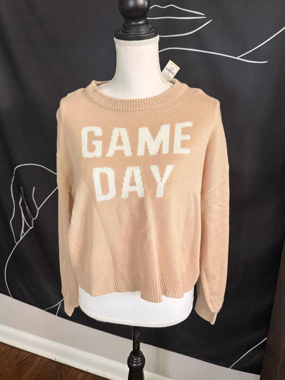 Francesca’s Beige Crewneck Sweater with White Game Day Print